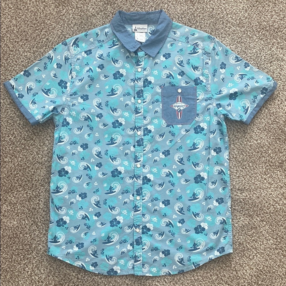 Disney Parks Men’s Medium Blue Casual Snap Button Down with Surfing Mickey